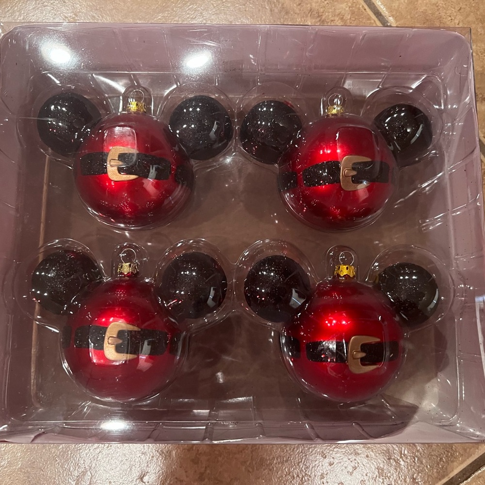 Disney Parks Mickey Icon Santa Belt Christmas Glass Ball Ornament Set NEW